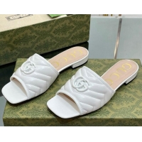 Shop Duplicate Gucci Leather Flat Slide Sandals with Double G All White/Beige 407096