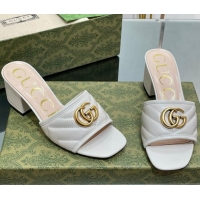 Popular Style Gucci Leather Heel Slide Sandals 5.5cm with Double G White/Gold 407097