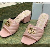 Good Product Gucci Leather Heel Slide Sandals 5.5cm with Double G Nude Pink/Gold 407101