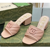 Stylish Gucci Leather Heel Slide Sandals 5.5cm with Double G All Nude Pink 407102