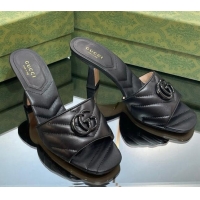 Pretty Style Gucci Leather Heel Slide Sandals 7.5cm with Double G All Black 407103