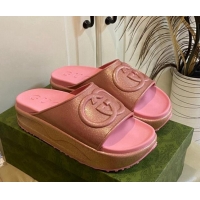 Charming Gucci Metallic Rubber Platform Slide Sandal with Interlocking G Rose Pink 420120