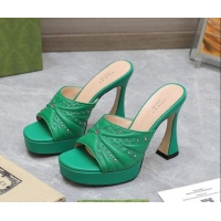 Unique Style Gucci Studded Leather Platform Slide Sandals 11 with GG Green 420122