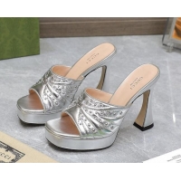 Best Product Gucci Studded Leather Platform Slide Sandals 11 with GG Silver 420125