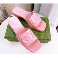 Stylish Gucci Rubber Heel Slide Sandals 5.5cm with Interlocking G Pink 425068