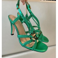 Grade Quality Gucci Isa Leather Heel Sandals 9cm with Crystal Interlocking G Green 607029