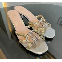 Stylish Gucci Isa Leather Heel Slide Sandals 4.5cm with Crystal Interlocking G Silver/Gold 607030