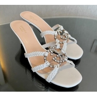 Pretty Style Gucci Isa Leather Heel Slide Sandals 4.5cm with Crystal Interlocking G White 607031