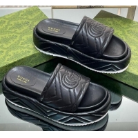 Good Looking Gucci Chevron Leather Platform Slide Sandals 5.5cm with GG Black 607035