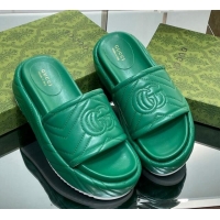 Luxury Gucci Chevron Leather Platform Slide Sandals 5.5cm with GG Green 607037