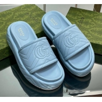 Best Price Gucci Chevron Leather Platform Slide Sandals 5.5cm with GG Light Blue 607038