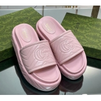 Popular Style Gucci Chevron Leather Platform Slide Sandals 5.5cm with GG Light Pink 607039