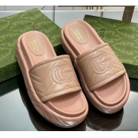 Unique Style Gucci Chevron Leather Platform Slide Sandals 5.5cm with GG Rose Beige 607040