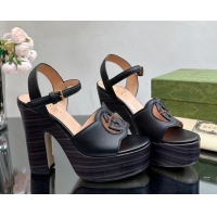 Popular Style Gucci Leather Platform High Heel Sandals 12cm with Interlocking G Cutout Black 607047