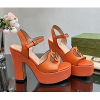 Lower Price Gucci Leather Platform High Heel Sandals 12cm with Interlocking G Cutout Orange 607049