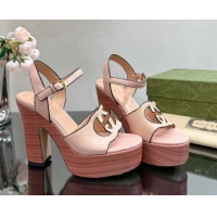 Low Price Gucci Leather Platform High Heel Sandals 12cm with Interlocking G Cutout Pink 607050