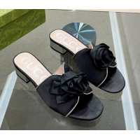 Best Price Gucci Satin Slide Sandals with Bloom Charm Black 607051