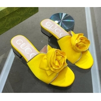 Purchase Gucci Satin Slide Sandals with Bloom Charm Yellow 607052