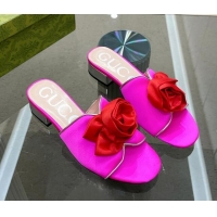 Unique Style Gucci Satin Slide Sandals with Bloom Charm Dark Pink 607053