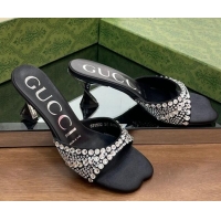 Good Looking Gucci Silk Satin Heel Slide Sandals 6.5cm with Crystals Black 607061