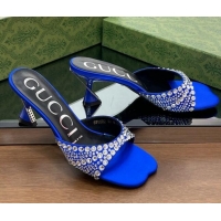 Hot Style Gucci Silk Satin Heel Slide Sandals 6.5cm with Crystals Blue 607062