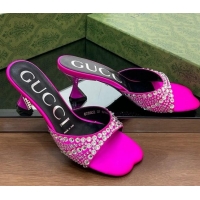 Charming Gucci Silk Satin Heel Slide Sandals 6.5cm with Crystals Dark Pink 607063