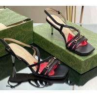 Charming Gucci Leather Heel Sandals 6.5cm with Horsebit Black 607092