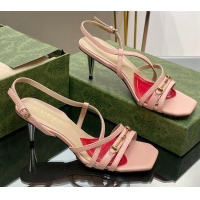 Good Quality Gucci Leather Heel Sandals 6.5cm with Horsebit Pink 607093