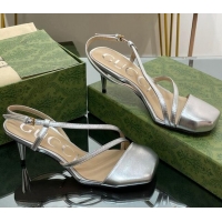 Top Design Gucci Leather Heel Medium Sandals 6.5cm with Horsebit Silver 607095