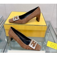 Classic Hot Fendi Baguette Suede Medium Heel Pumps with Crystal Logo Brown 022327