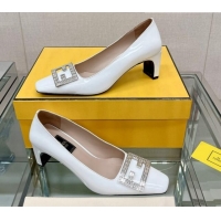 Grade Quality Fendi Baguette Patent Leather Medium Heel Pumps with Crystal Logo White 022329