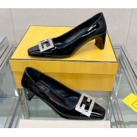 Unique Style Fendi Baguette Patent Leather Medium Heel Pumps with Crystal Logo Black 022330