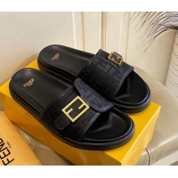 Low Price Fendi Feel Flat Slide Sandals in FF Fabric Black 030324