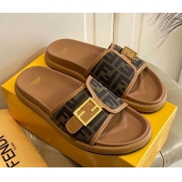 Good Looking Fendi Feel Flat Slide Sandals in FF Fabric Brown/Beige 030325