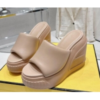 Cheap Price Fendi Fashion Show Wedge Slide Sandals 14cm in Beige Nappa Leather 329037