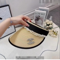 Original Cheap Chanel Straw Visor Hat with Pearls 061306 Beige 2023