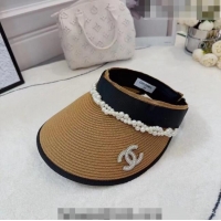 Luxury Classic Chanel Straw Visor Hat with Pearls 061307 Khaki 2023