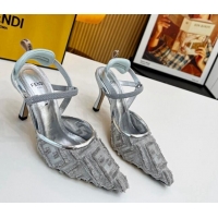 Grade Quality Fendi Colibri Lite Slingbacks Pumps 8cm in Fringed FF Mesh Silver 420076