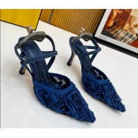 Best Product Fendi Colibri Lite Slingbacks Pumps 8cm in Fringed FF Mesh Blue 420079