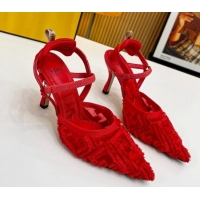 Luxurious Fendi Colibri Lite Slingbacks Pumps 8cm in Fringed FF Mesh Red 420080