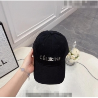 Hot Sell Cheap Celine Canvas Baseball Hat with Crystals C0613 Black 2023