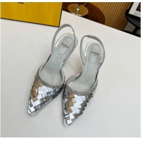 Stylish Fendi First Slingbacks High Heel Pumps 9.5cm in Silver Sequin 420098