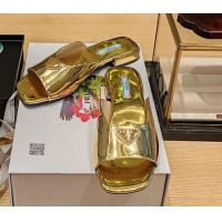 Duplicate Prada Glazed Leather Flat Slide Sandals Gold 022466