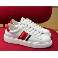 Best Product Prada Soft Leather Sneakers with PRADA Band White/Red 022484