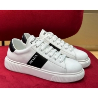 Best Price Prada Soft Leather Sneakers with PRADA Band White/Black 022486