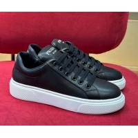 Top Design Prada Black Soft Leather Sneakers with Heel Tab 022488