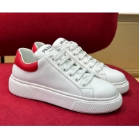 Low Price Prada White Soft Leather Sneakers with Red Heel Tab 022489