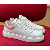 Good Quality Prada White Soft Leather Sneakers with Pink Heel Tab 022490