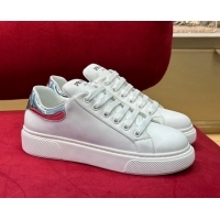 Good Looking Prada White Soft Leather Sneakers with Red/Silver Heel Tab 022492