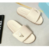 Popular Style Prada Soft Padded Nappa Leather Flat Slide Sandals Cream White 022495